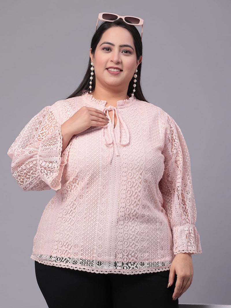 Style Quotient Womens Self Design Tie-Up Neck Puff Sleeves Lace Cotton Plus Size Top - Image 2