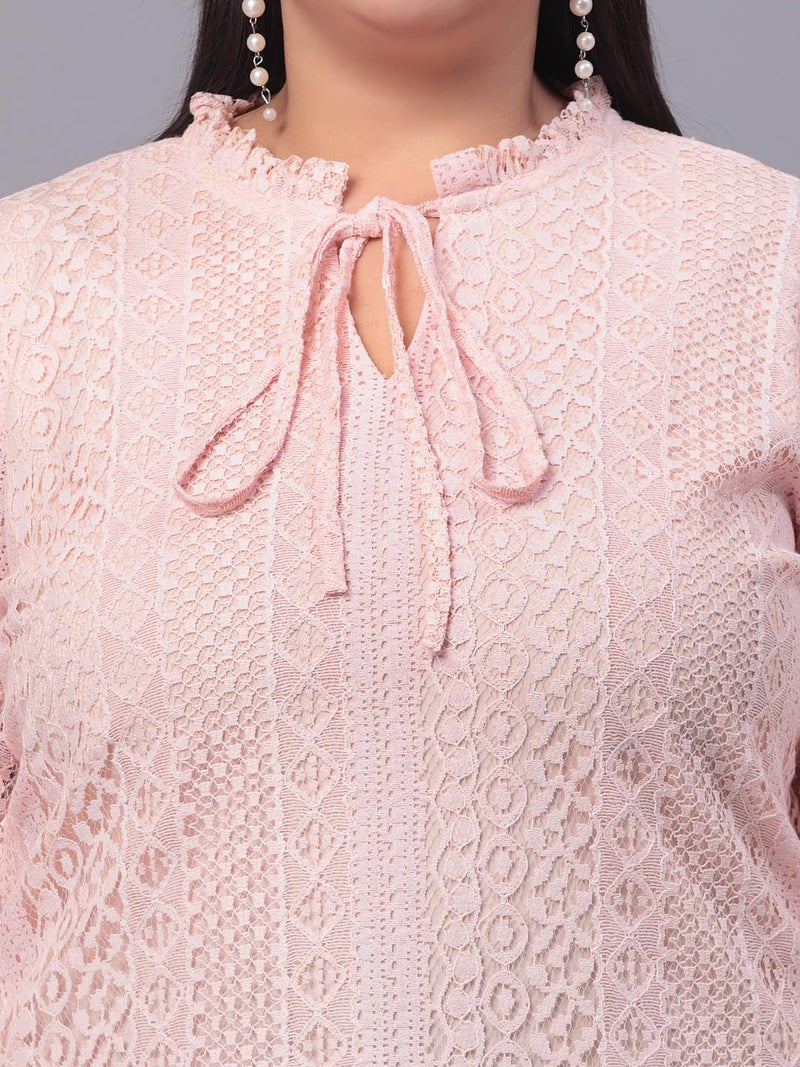 Style Quotient Womens Self Design Tie-Up Neck Puff Sleeves Lace Cotton Plus Size Top - Image 3
