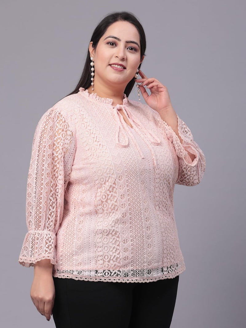 Style Quotient Womens Self Design Tie-Up Neck Puff Sleeves Lace Cotton Plus Size Top - Image 4