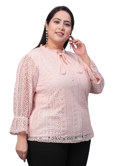 Style Quotient Womens Self Design Tie-Up Neck Puff Sleeves Lace Cotton Plus Size Top - Image 1