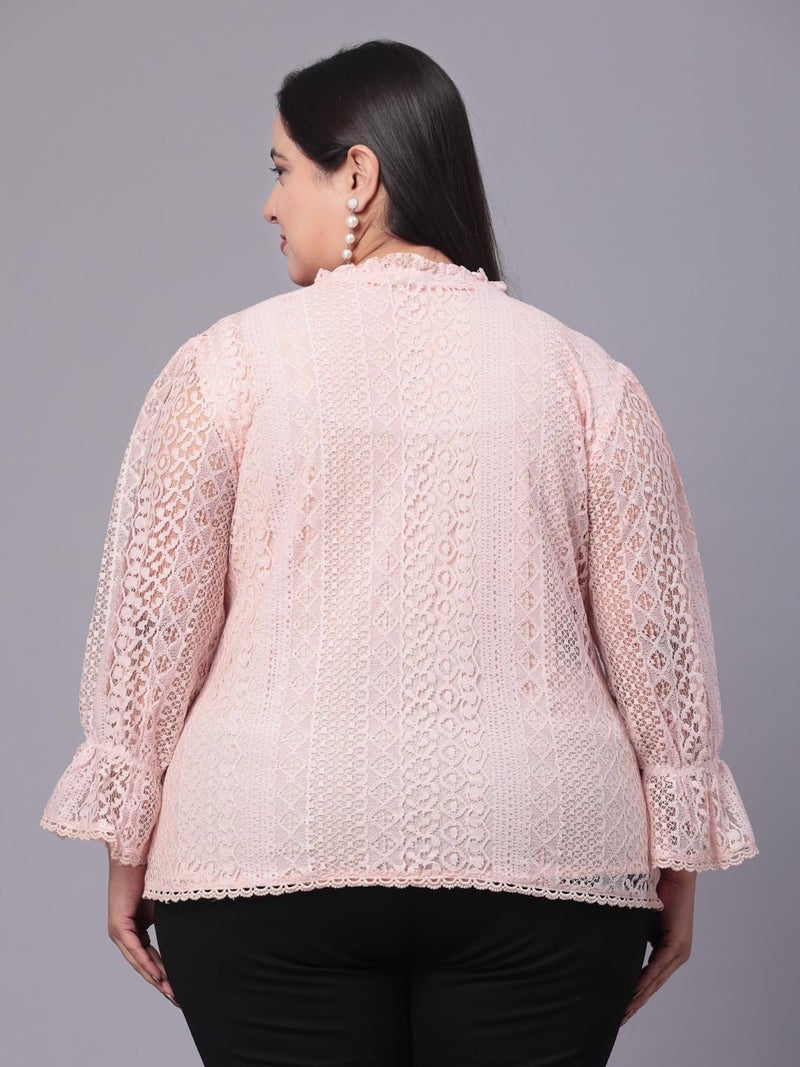 Style Quotient Womens Self Design Tie-Up Neck Puff Sleeves Lace Cotton Plus Size Top - Image 5