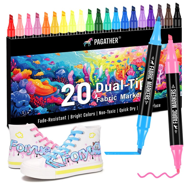 Fabric Markers Permanent for Clothes 20 Colors Dual Tip with Fine and Chisel Tips Paint Pens for Clothing Canvas Tote Bags TShirt and Shoes Non Toxic Ink for Kids and Adults