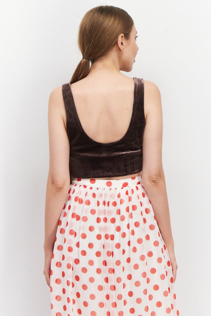 Reserved Women Sweetheart Neckline Sleeveless Velour Corset Crop Top, Dark Brown - Image 2