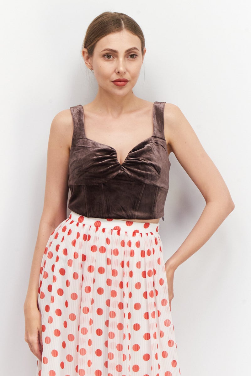 Reserved Women Sweetheart Neckline Sleeveless Velour Corset Crop Top, Dark Brown - Image 1