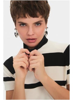JUNE June Women Viscose Blend High Collar Short Sleeve Striped Knitwear Sweater Black - White  - Image 3