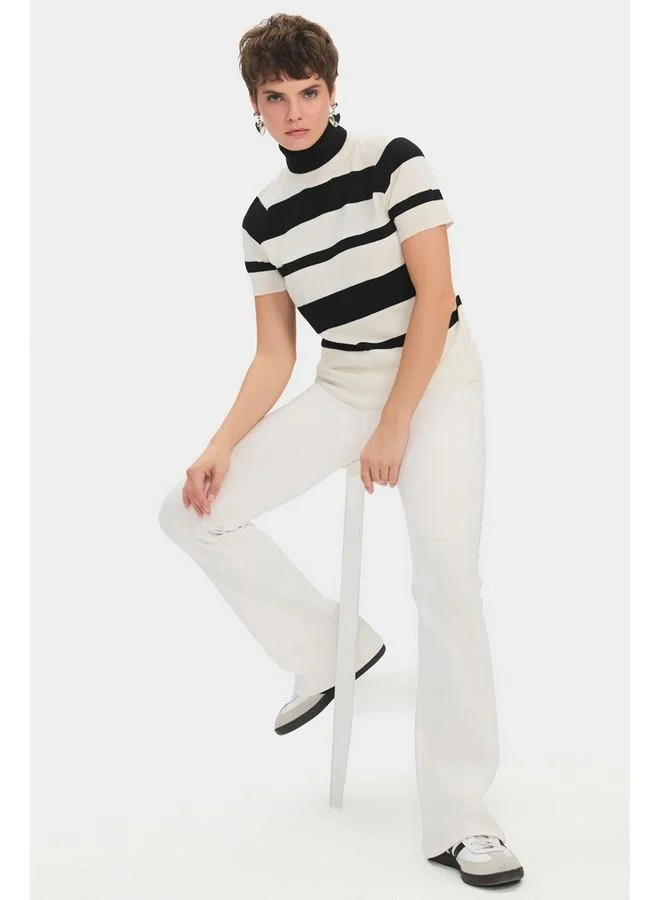JUNE June Women Viscose Blend High Collar Short Sleeve Striped Knitwear Sweater Black - White