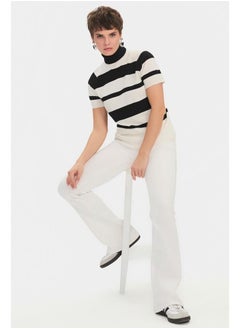 JUNE June Women Viscose Blend High Collar Short Sleeve Striped Knitwear Sweater Black - White  - Image 4