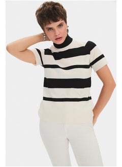 JUNE June Women Viscose Blend High Collar Short Sleeve Striped Knitwear Sweater Black - White  - Image 2