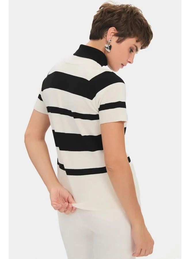 JUNE June Women Viscose Blend High Collar Short Sleeve Striped Knitwear Sweater Black - White