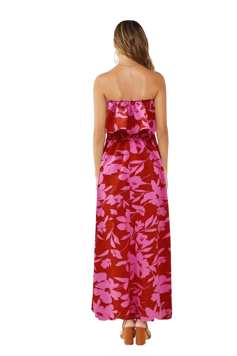 ZMPSIISA Women's Summer Off The Shoulder Maxi Dress Ruffle Strapless Blue White Porcelain Boho Casual Loose Long Dresses(A-Rose Red Flower,X-Large) - Image 2