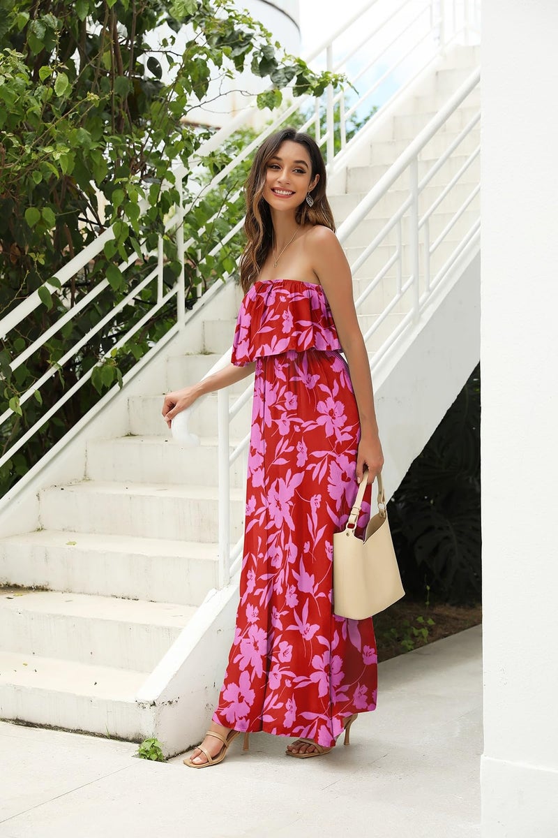 ZMPSIISA Women's Summer Off The Shoulder Maxi Dress Ruffle Strapless Blue White Porcelain Boho Casual Loose Long Dresses(A-Rose Red Flower,X-Large) - Image 3