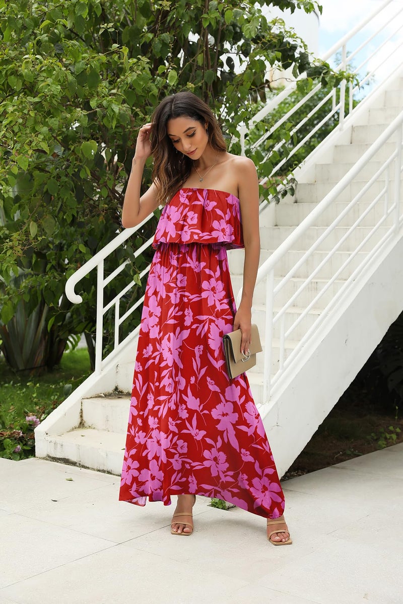 ZMPSIISA Women's Summer Off The Shoulder Maxi Dress Ruffle Strapless Blue White Porcelain Boho Casual Loose Long Dresses(A-Rose Red Flower,X-Large) - Image 5