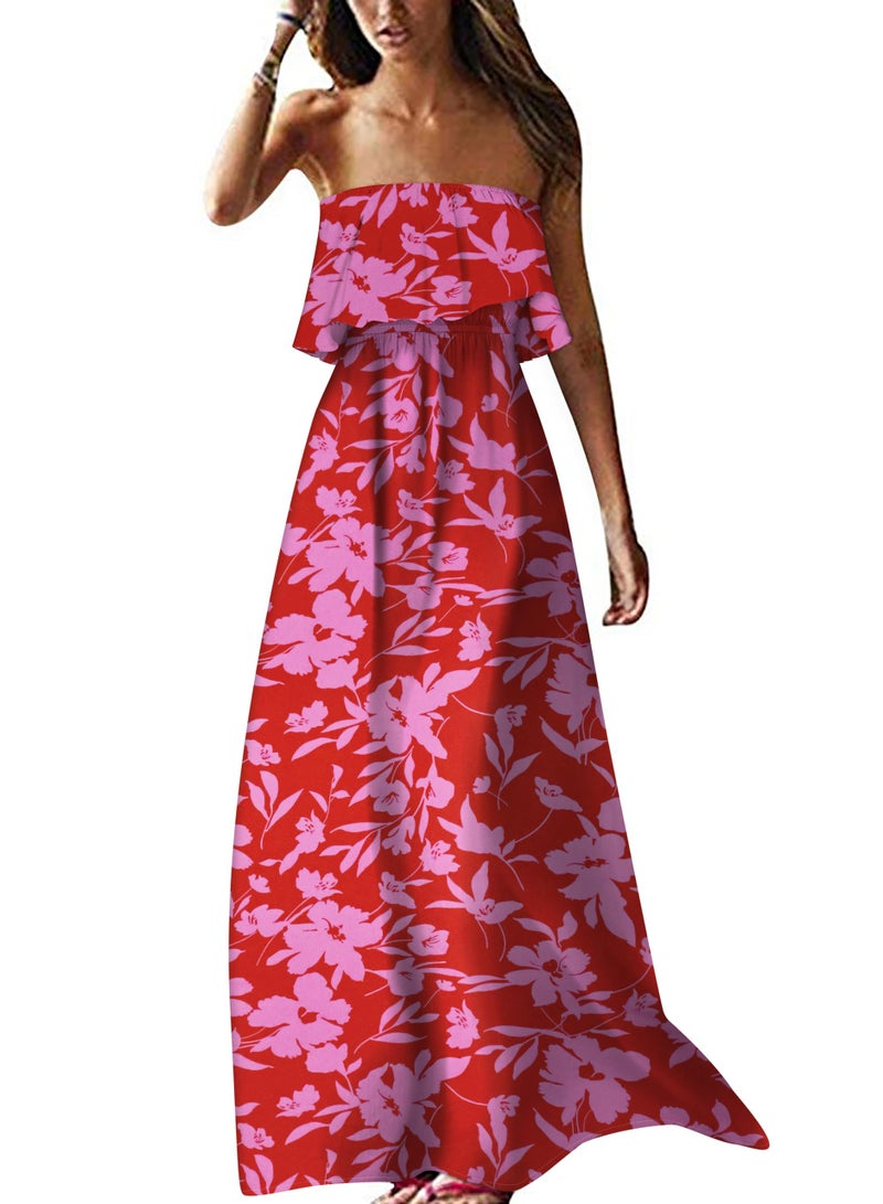 ZMPSIISA Women's Summer Off The Shoulder Maxi Dress Ruffle Strapless Blue White Porcelain Boho Casual Loose Long Dresses(A-Rose Red Flower,X-Large) - Image 1