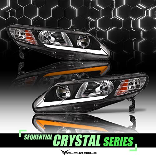 Alpha Owls 8712306 Crystal Headlights With Switchback Sequential LED Light Bar & Startup Light - Black Amber Fits 2006-2011 Honda Civic 4 Door Sedan - Image 2