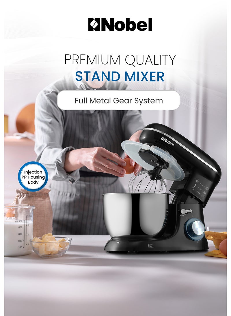 Nobel Stand Mixer, Full Metal Gear System, 4L Stainless Steel Bowl - 6 Speeds, LED, Safety Switch, Anti-slip Feet 4 L 800 W NBM60 Black - Image 2