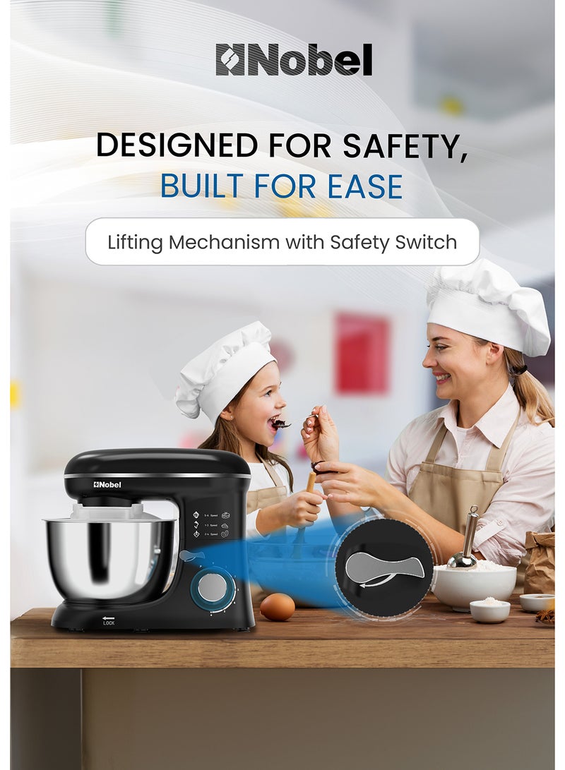 Nobel Stand Mixer, Full Metal Gear System, 4L Stainless Steel Bowl - 6 Speeds, LED, Safety Switch, Anti-slip Feet 4 L 800 W NBM60 Black - Image 5