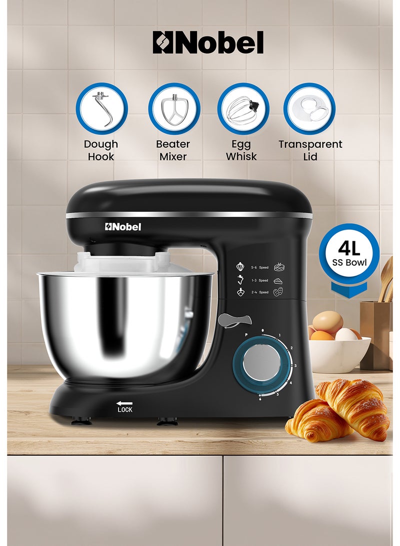 Nobel Stand Mixer, Full Metal Gear System, 4L Stainless Steel Bowl - 6 Speeds, LED, Safety Switch, Anti-slip Feet 4 L 800 W NBM60 Black - Image 1