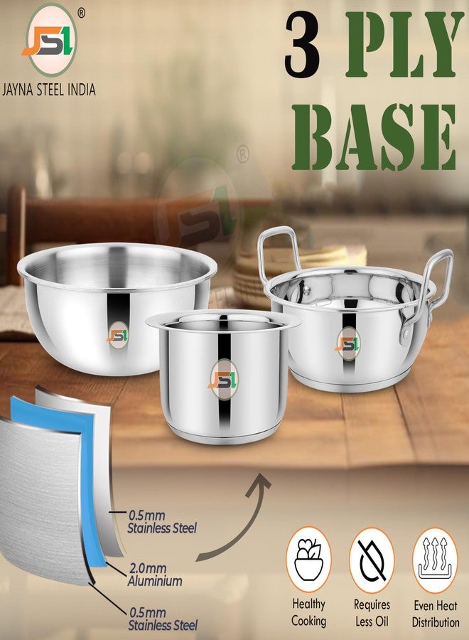 JSI Stainless Steel Heavy Guage Cooking Set for Kitchen - 3 Pcs Set: Tope/Milk Patila 1600ml, Tasla 1500ml & Wok/Kadhai 2000ml - Tri-Ply Induction Base Cookware Set - Essential Cooking Pot Pan Set - Image 3