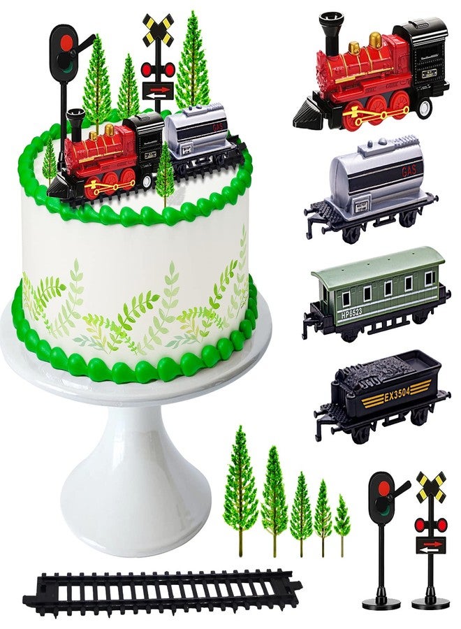 MEMOVAN Train Cake Toppers 13pcs Train Cake Decorations Mini Trains Toy Traffic Track Railway Lights Cake Topper Decorations for Boy's Kids Steam Trains Theme Birthday Party Supplies - Image 1