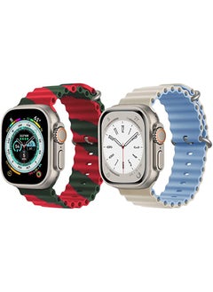 Silicone Ocean Band Strap for Apple Watch Ultra 8 49mm Red/Green Double Line Strap with Beige/Sky Blue Double Side Strap Set of 2