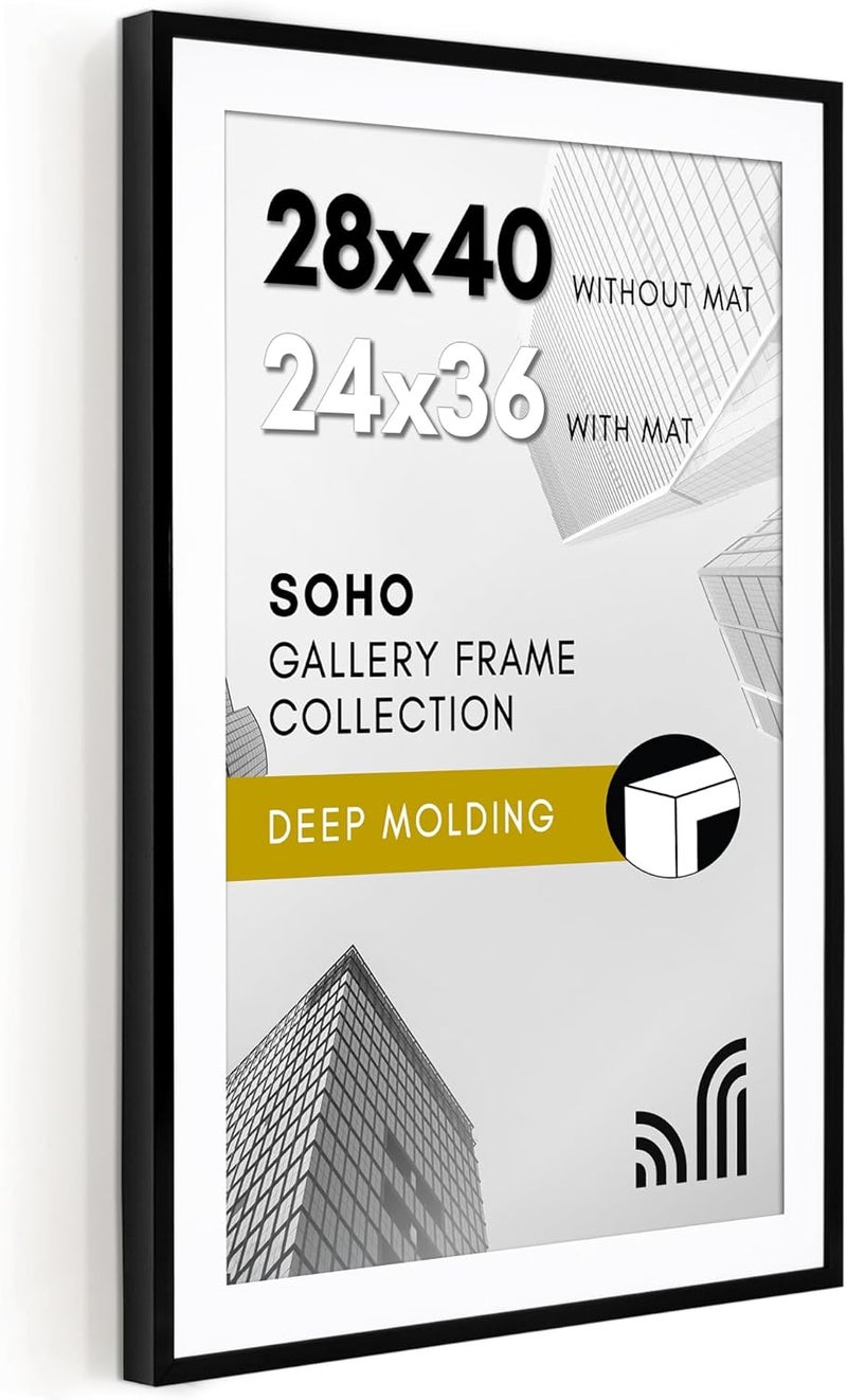 Americanflat 28x40 Poster Frame with Polished Plexiglass  Use as 24x36 Frame with Mat or 28x40 Frame Without Mat  Soho Collection  Gallery Style Deep Molding Frame for Wall Display  Black - Image 1