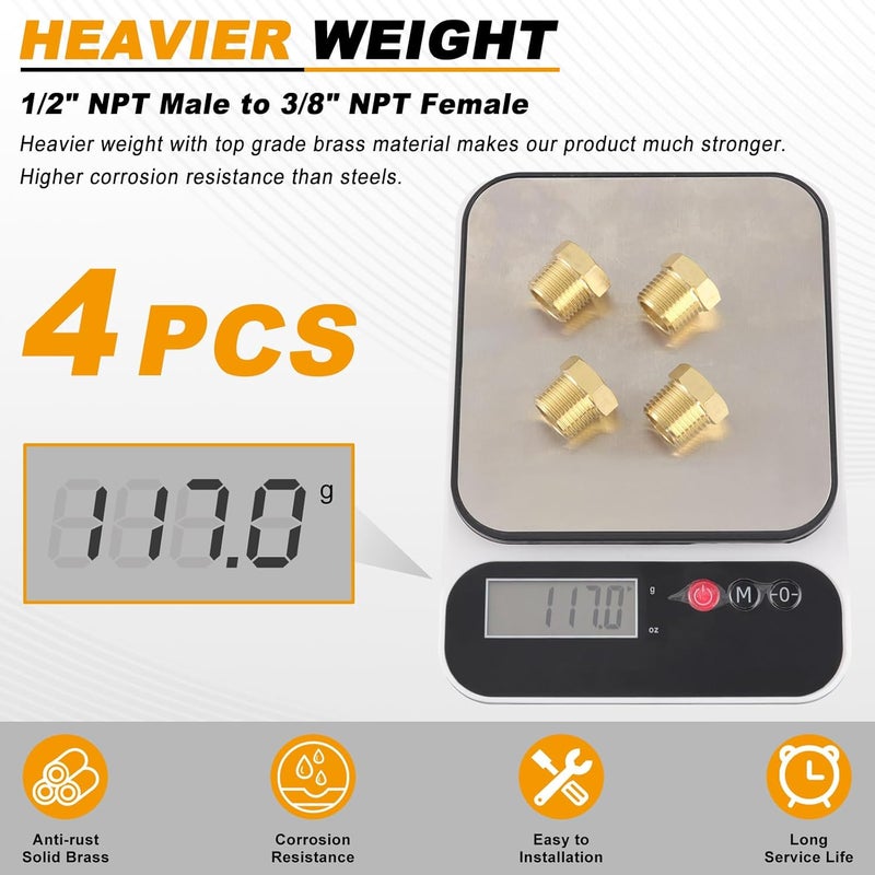 KOOTANS 4pcs Heavy Duty 1/2 NPT Male Thread to 3/8 NPT Female Thread Brass Reducer Hex Bushing Brass Fitting Pipe Hose Tube Adapter Convert - Image 5