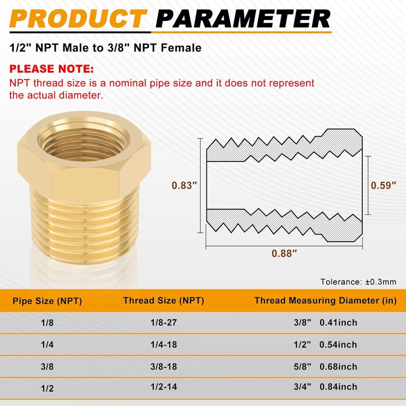 KOOTANS 4pcs Heavy Duty 1/2 NPT Male Thread to 3/8 NPT Female Thread Brass Reducer Hex Bushing Brass Fitting Pipe Hose Tube Adapter Convert - Image 2