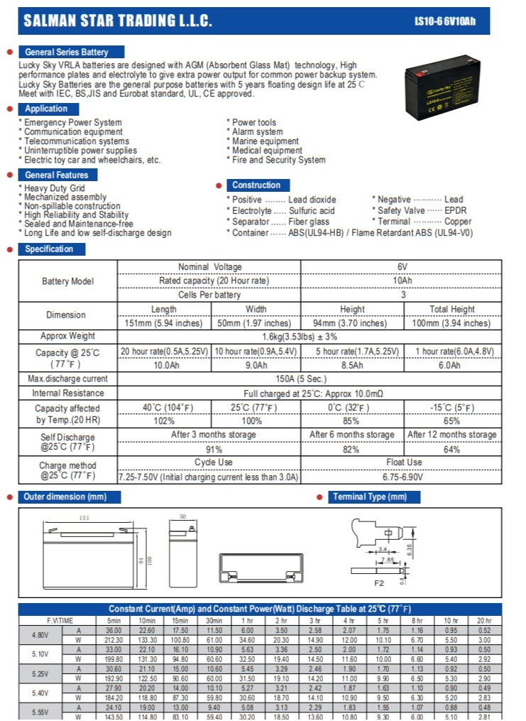 Lucky Sky 6V 10Ah High-Performance Rechargeable Sealed Lead Acid Battery is a reliable and long-lasting power source for a wide range of applications.