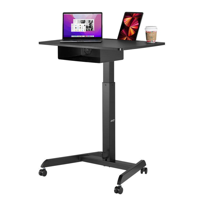 AVLT 44 Height Adjustable Foot Pedal Rolling Desk with Shelf 3 ft 8 inches  Pneumatic Laptop Standing Desk Cart  Mobile Laptop Cart  Black Computer Projector Cart with Brake Casters