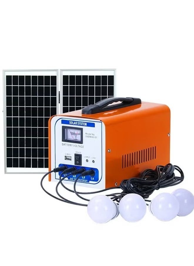 ACCEPT - A solar energy system with a 12 volt solar panel, 4 bulbs, and a mobile charger outlet, suitable for camping and trips - Image 1