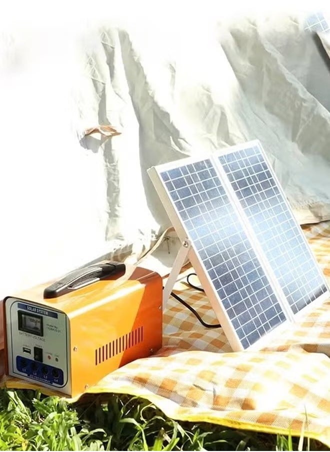 ACCEPT - A solar energy system with a 12 volt solar panel, 4 bulbs, and a mobile charger outlet, suitable for camping and trips - Image 1