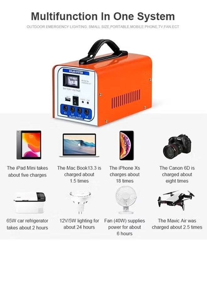 ACCEPT - A solar energy system with a 12 volt solar panel, 4 bulbs, and a mobile charger outlet, suitable for camping and trips - Image 1