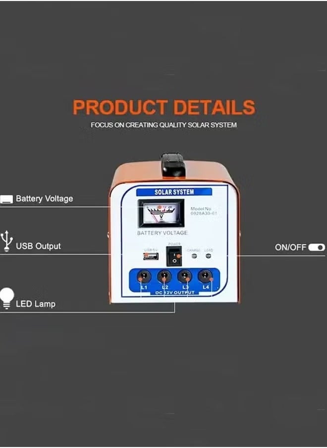 ACCEPT - A solar energy system with a 12 volt solar panel, 4 bulbs, and a mobile charger outlet, suitable for camping and trips - Image 1