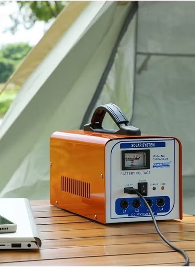 ACCEPT - A solar energy system with a 12 volt solar panel, 4 bulbs, and a mobile charger outlet, suitable for camping and trips - Image 1
