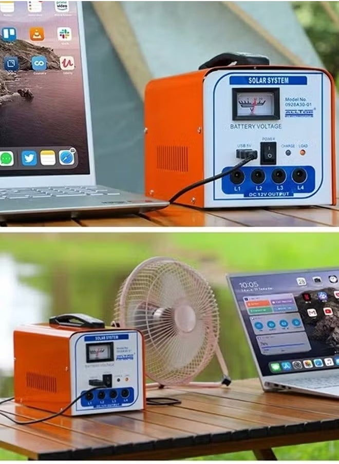 ACCEPT - A solar energy system with a 12 volt solar panel, 4 bulbs, and a mobile charger outlet, suitable for camping and trips - Image 1