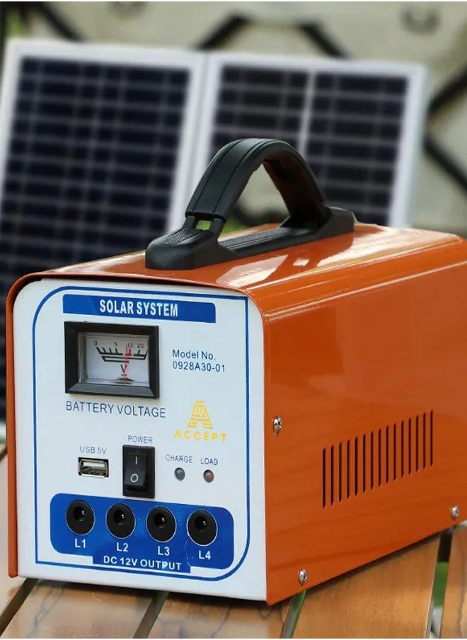 ACCEPT - A solar energy system with a 12 volt solar panel, 4 bulbs, and a mobile charger outlet, suitable for camping and trips - Image 1