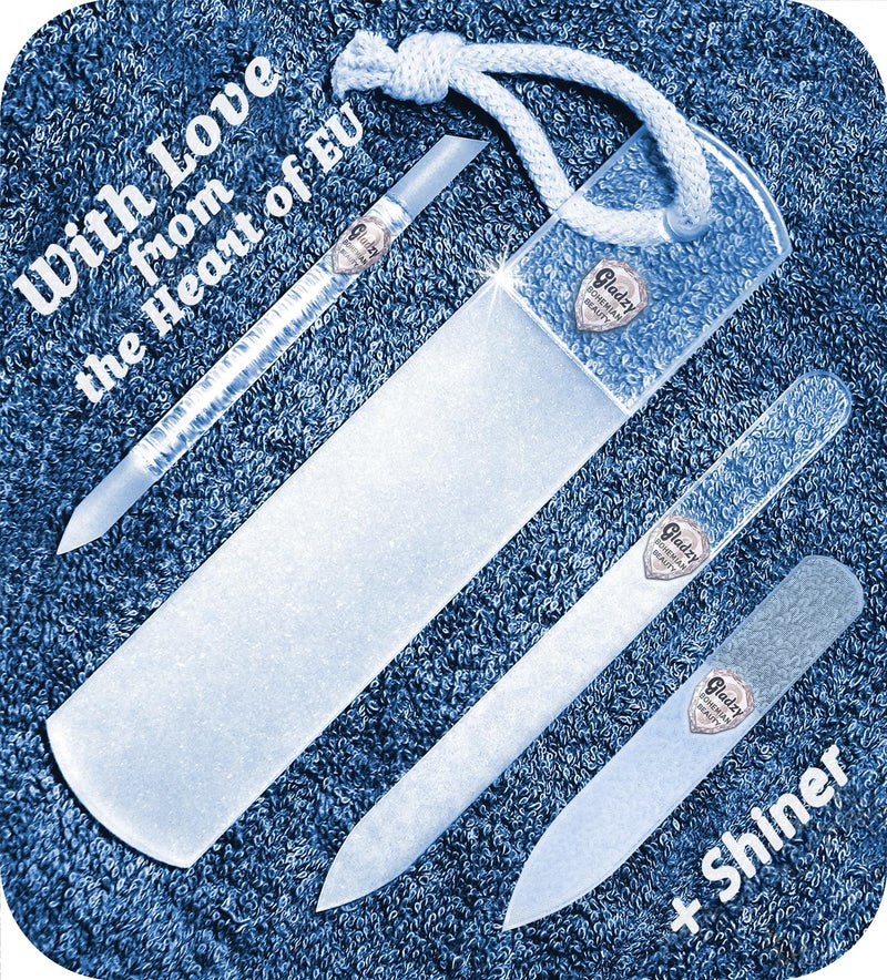 GLADZY Czech Glass Nail File Set  Multifunctional Nail Shiner Buffer Callus Remover Foot Rasp Glass Cuticle Pusher Manicure Stick Etched Surface Professional Nail Care Tool Made in EU