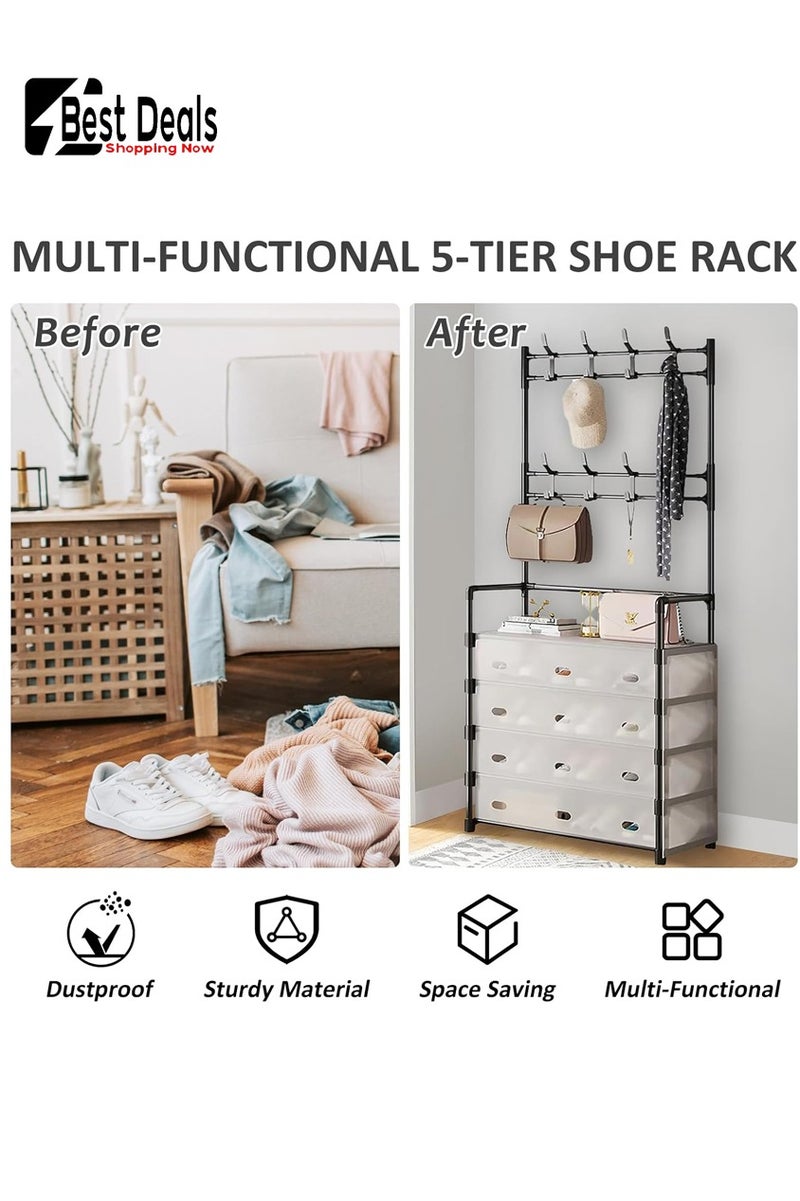 افضل العروض رف قبعة أحذية متعدد الوظائف مكون من 5 طبقات بسعة كبيرة ضد الغبار مع خطافات متعددة ، ومناسب للمدخل / غرفة النوم ، وتخزين تصنيف الأحذية ، والملابس ، والحقائب ، وتوفير المساحة والنظافة - Image 2