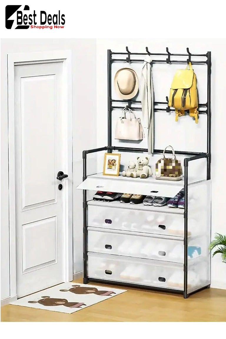 افضل العروض رف قبعة أحذية متعدد الوظائف مكون من 5 طبقات بسعة كبيرة ضد الغبار مع خطافات متعددة ، ومناسب للمدخل / غرفة النوم ، وتخزين تصنيف الأحذية ، والملابس ، والحقائب ، وتوفير المساحة والنظافة - Image 1