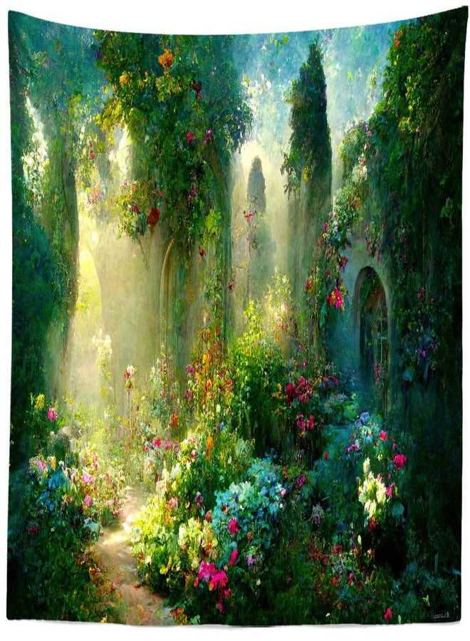 Loccor Fairy Tale Garden Enchanted Flower Greenery Wonderland Wall Hanging Girl Princess Magic World Tapestry for Living Room Bedroom Dorm Home Decor 120x80inch - Image 1