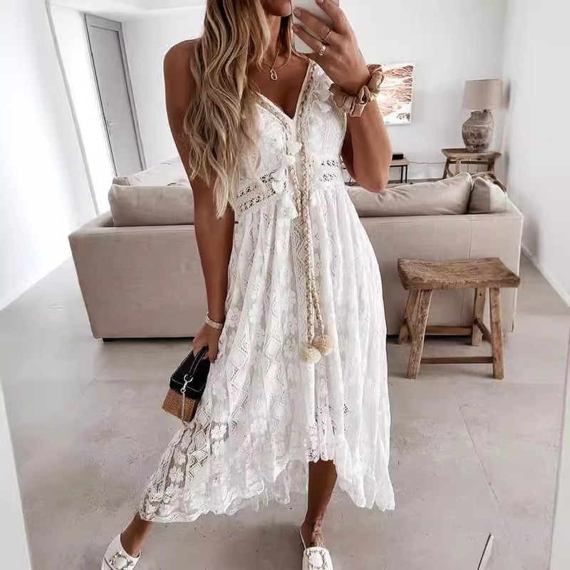 Summer 2021 Lace Slip Dress Maxi Gown White  - Image 5