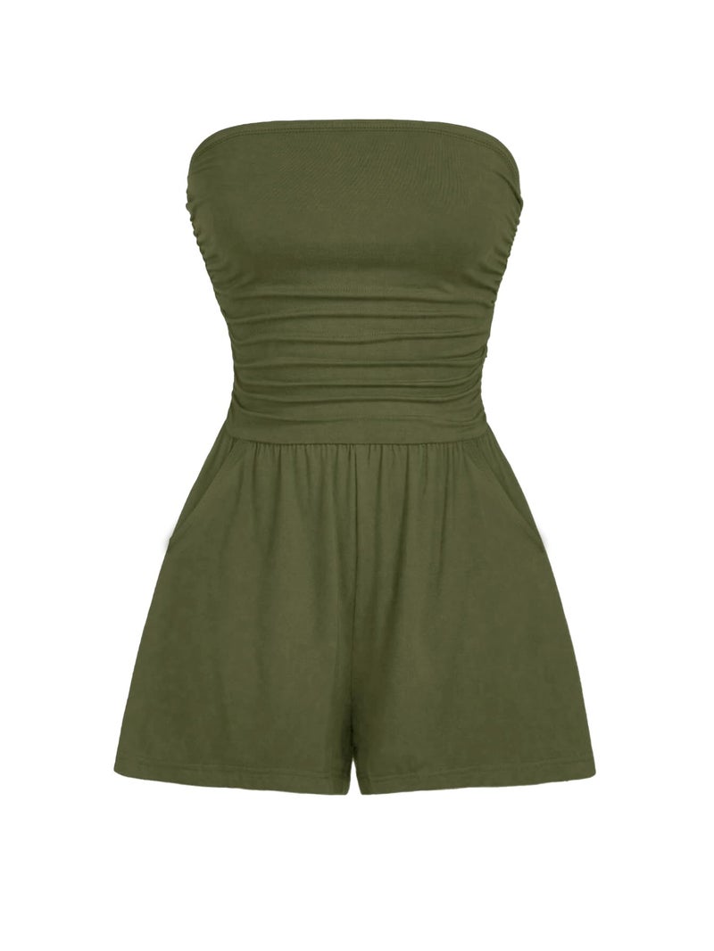 AUXDIO Women Summer Casual Strapless Romper Sleeveless Off Shoulder Short Jumpsuits 2026 Beach Vacation Clothes Army Green Medium - Image 1