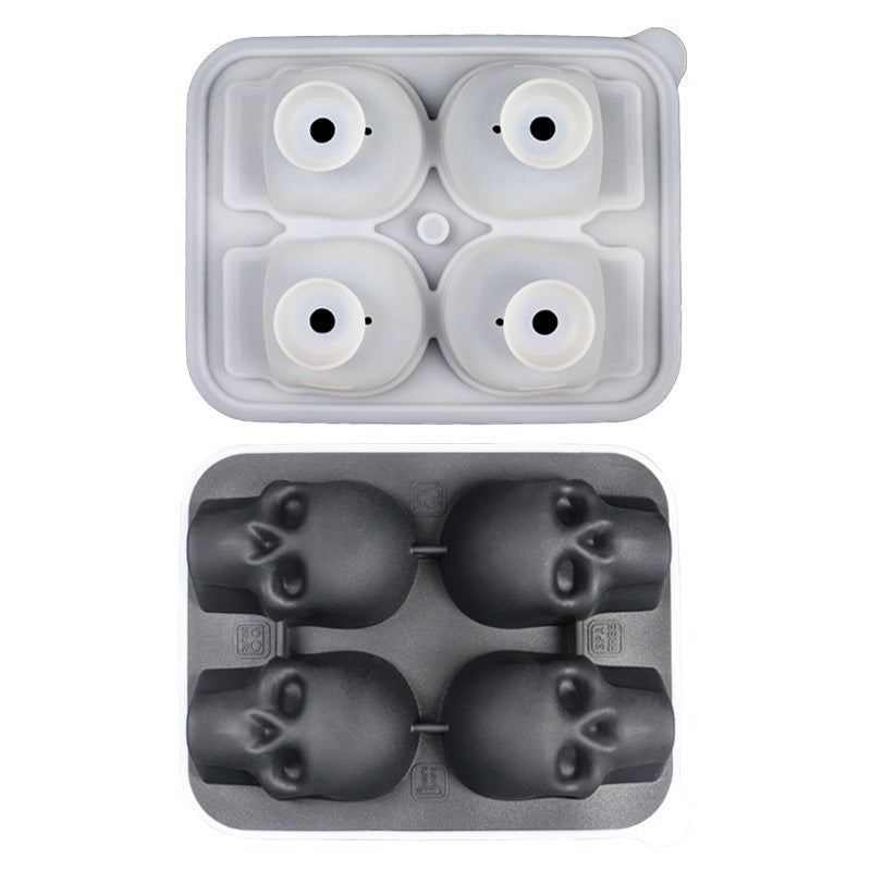 Halloween Skeleton Head Silicone Ice Tray Whiskey Cocktail Ice Cube Mold 4-Connected Skull Design Heat Resistant Freezer Accessory Black 4 even skull 