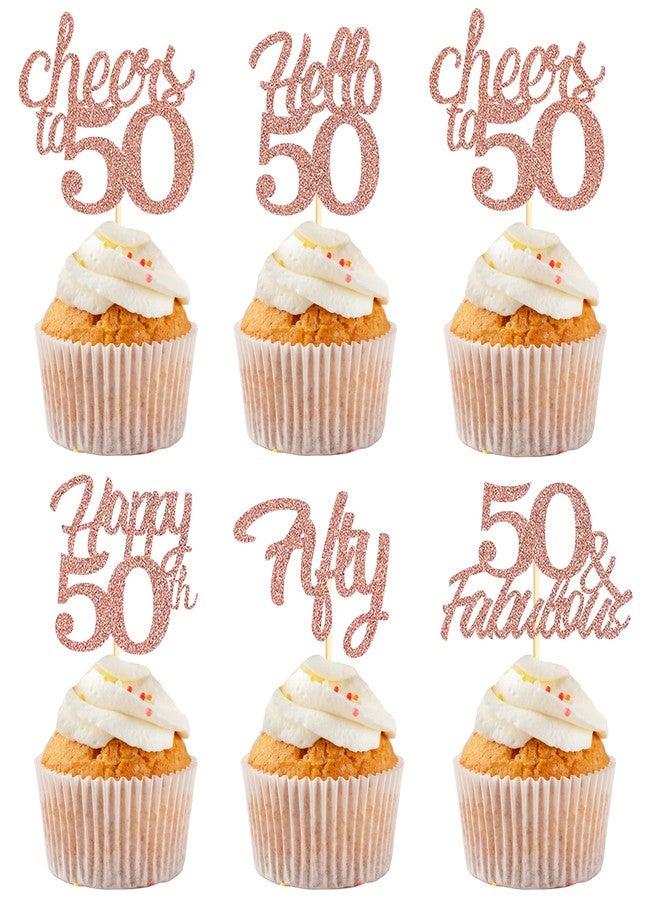 Sotpot 30PCS Happy 50th Birthday Cupcake Toppers Rose Gold Glitter 50 Fabulous Cheers to 50 Cupcake Decorations for 50th Birthday Anniversary Party Supplies - Image 1