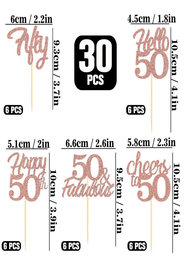 Sotpot 30PCS Happy 50th Birthday Cupcake Toppers Rose Gold Glitter 50 Fabulous Cheers to 50 Cupcake Decorations for 50th Birthday Anniversary Party Supplies - Image 2