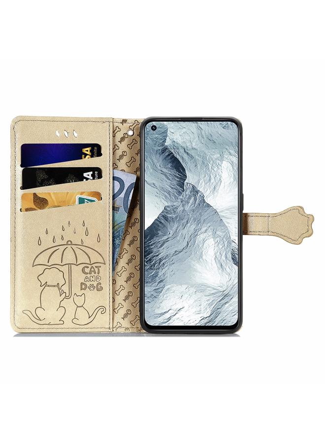 اس-توب جراب لهاتف OPPO Realme GT Master، جراب جلدي أفقي قابل للطي بنقشة قطة وكلب جميلة، مع حامل وفتحات للبطاقات ومحفظة ومشبك كرتوني وحبل - Image 3