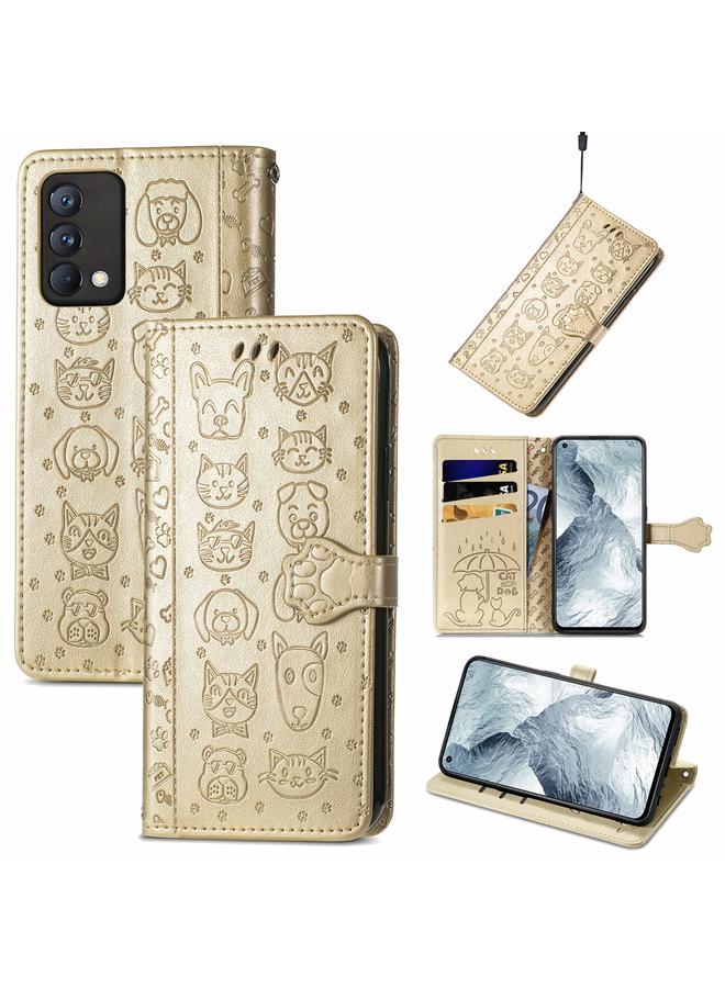 اس-توب جراب لهاتف OPPO Realme GT Master، جراب جلدي أفقي قابل للطي بنقشة قطة وكلب جميلة، مع حامل وفتحات للبطاقات ومحفظة ومشبك كرتوني وحبل - Image 1