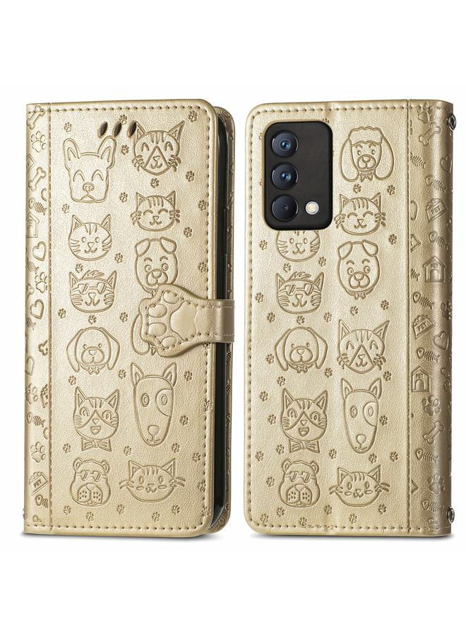 اس-توب جراب لهاتف OPPO Realme GT Master، جراب جلدي أفقي قابل للطي بنقشة قطة وكلب جميلة، مع حامل وفتحات للبطاقات ومحفظة ومشبك كرتوني وحبل - Image 2