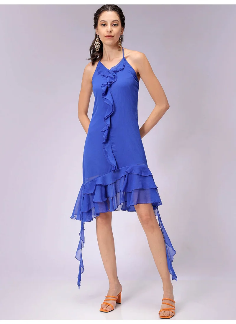 مرفوعة Women Party Fitted Solid Ruffle Halter Neck Mid-Thigh Ruffle Dress