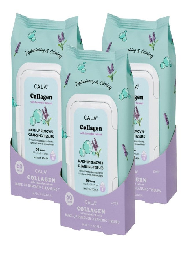CALA Makeup Remover Cleansing Tissues: Collagen with lavender (60 Sheets) - Gentle, Hydrating, and Effective Makeup Removal for All Skin Types (180 count, COLLAGEN + Lavender, Pack of 3)